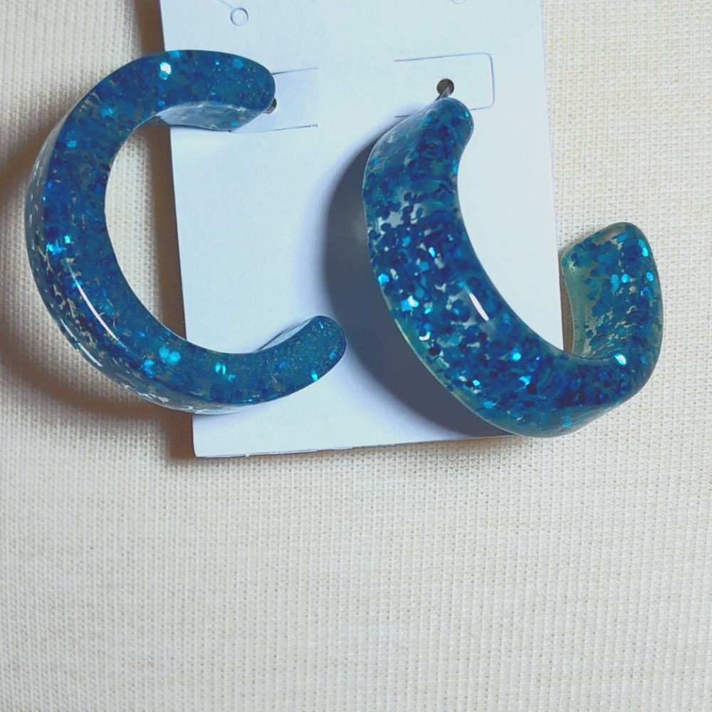 Blue Silver  Glitter Hoop Earrings NWOT